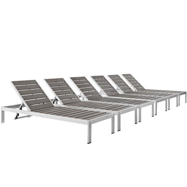 Modway Shore Outdoor Patio Aluminum Chaise, Silver and Gray - Set of 6 EEI-2469-SLV-GRY-SET